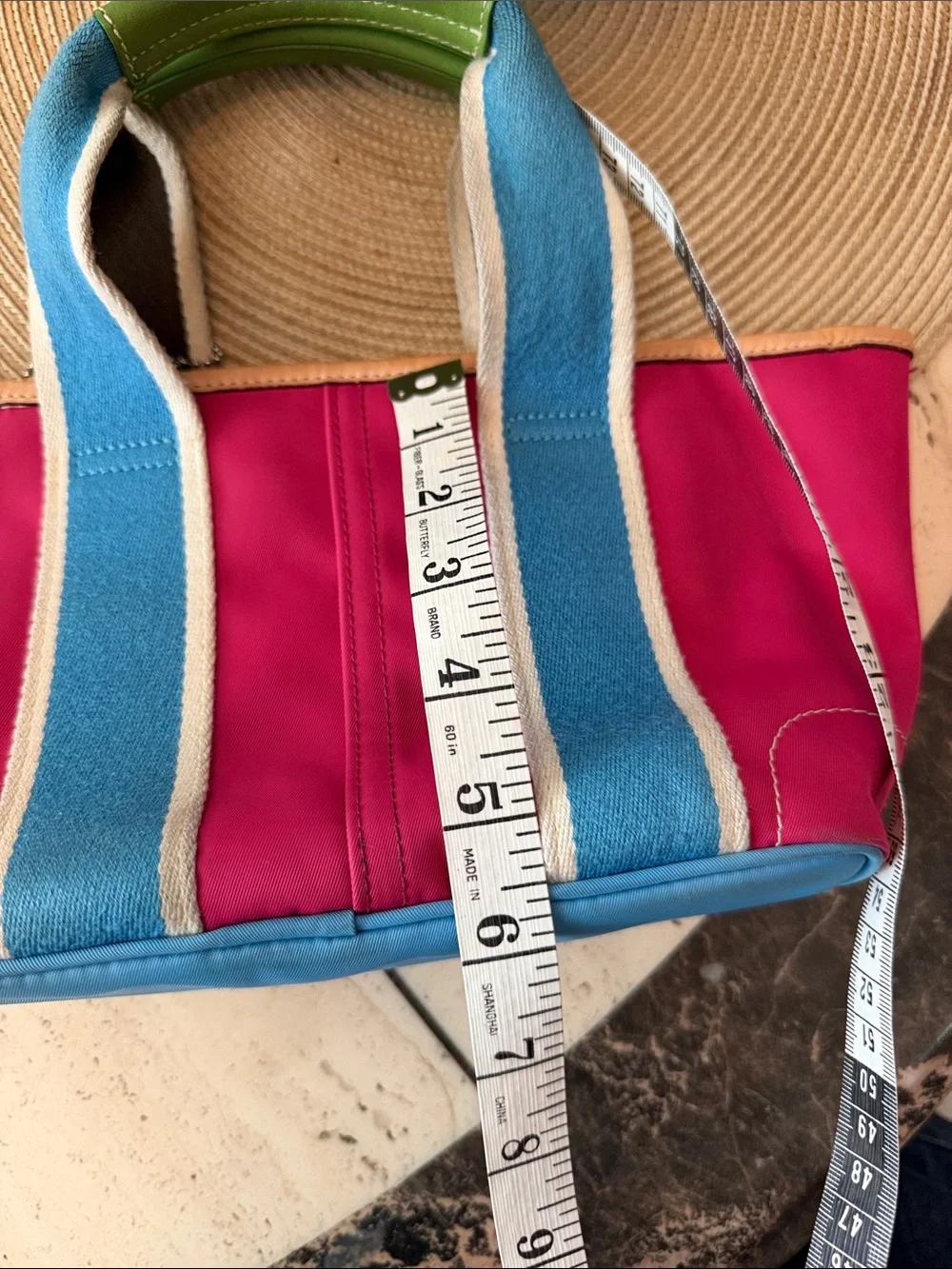 Coach Vintage Leatherware 2005 Pink and Blue Nylon Tote with Green Trim Retail